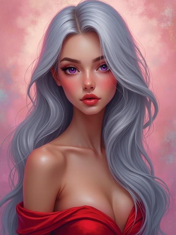A beautiful young woman with long straight silver-white hair wears a red modern dress. She has a heart-shaped face with prominent cheekbones and rosy lips. Her purple sparkling eyes add to her alluring presence. The background is soft and beautiful, enhancing her aura.