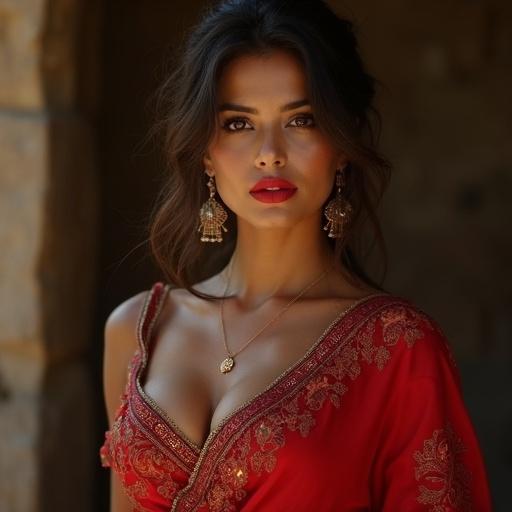 A beautiful woman wearing a red saree with red lips. She looks elegant and sexy.