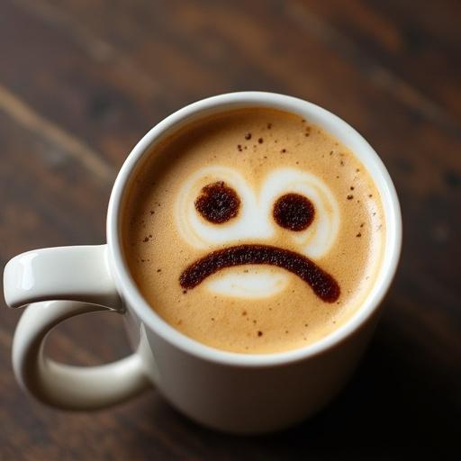 Mug filled with coffee viewed from above. Coffee foam creates a sad face.
