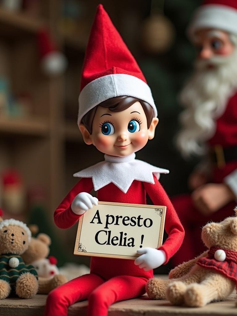 Elf on the shelf dressed in traditional red outfit with white trim holding a sign that says 'A presto Clelia!'. Elf is sitting in a toy workshop with Santa. Surrounded by various toys.