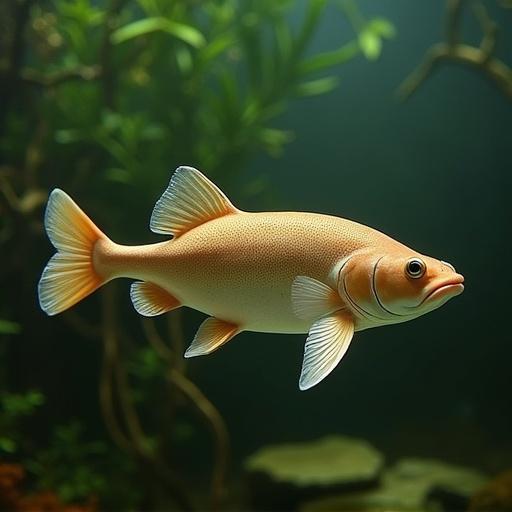 Image of an African lungfish in Scaleveil Siren style. Fish has a light-brown tan body with green-brown tones. Underwater scene with plants creates a tranquil atmosphere.