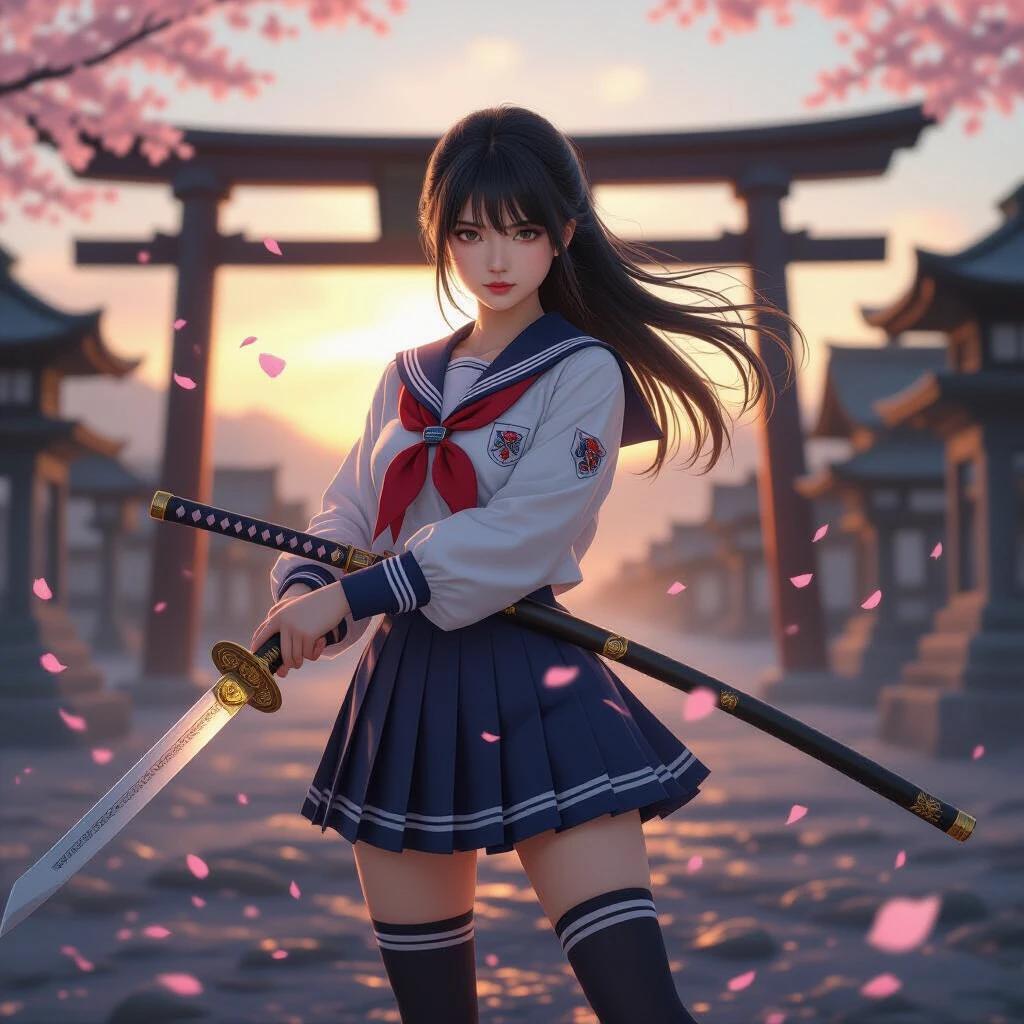 A highly detailed and hyperrealistic image of a Japanese girl warrior. She holds a naginata with engravings. She wears a modern sailor uniform with a pleated skirt and knee socks. The setting is a misty battlefield with ancient torii gates. Pink sakura petals float around her. The scene is illuminated by golden hour light. Her long black hair flows in the breeze. She has a soft yet focused expression. Skin texture and cloth folds are realistic. The image has a shallow depth of field and is in ultra high-definition.