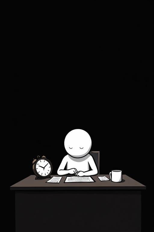 A white stick figure sits at a desk. Stick figure appears slouched and emotionless. The desk has repetitive items like a clock, papers, and a coffee mug. Background is solid black. Image created in minimalist stick figure animation style.