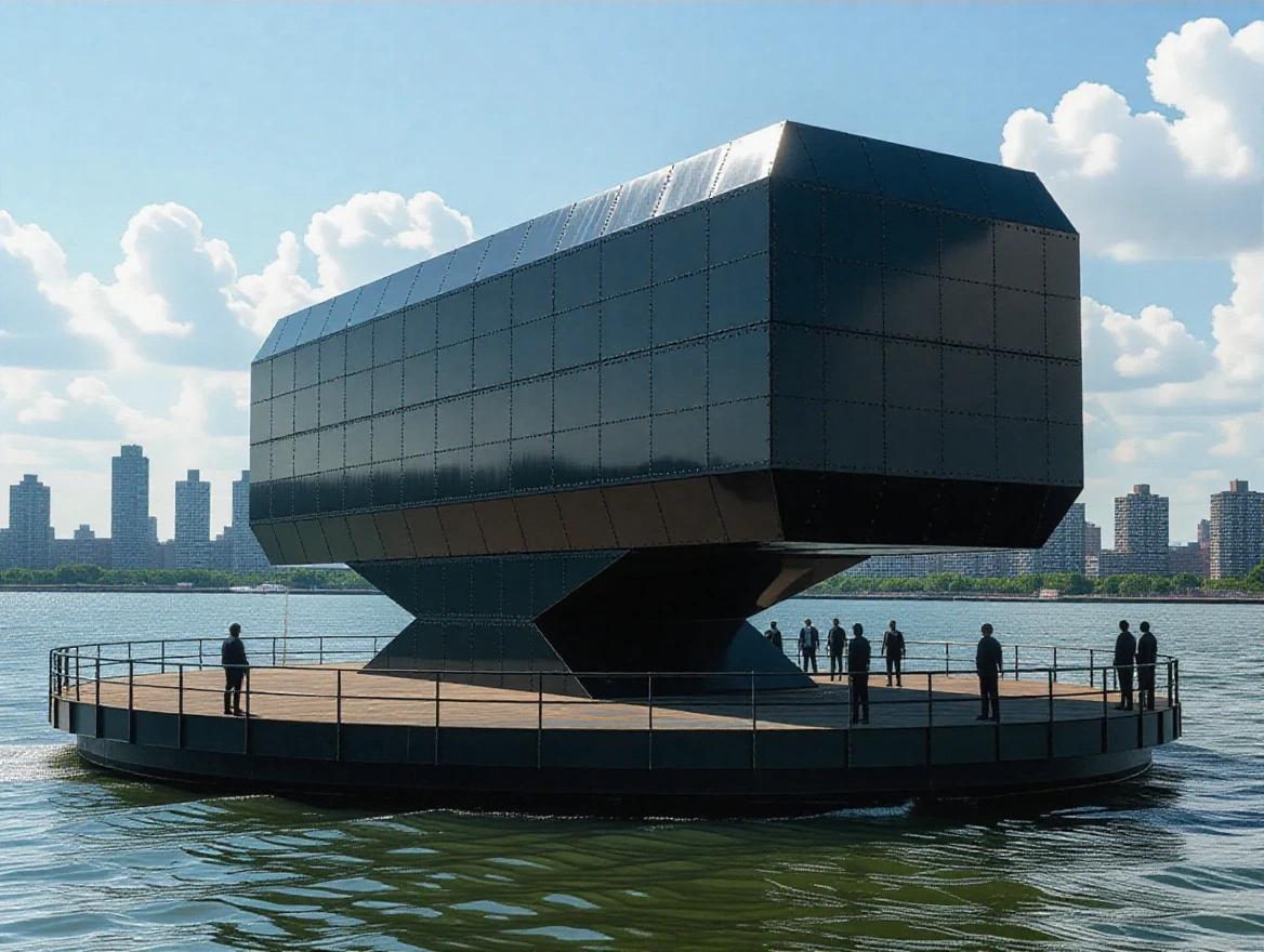 A large black metallic rectangular structure sits on a rotating platform in a river. Small figures stand near guard rails. The scene is bright and sunny with clouds in the background and a city skyline across the water.