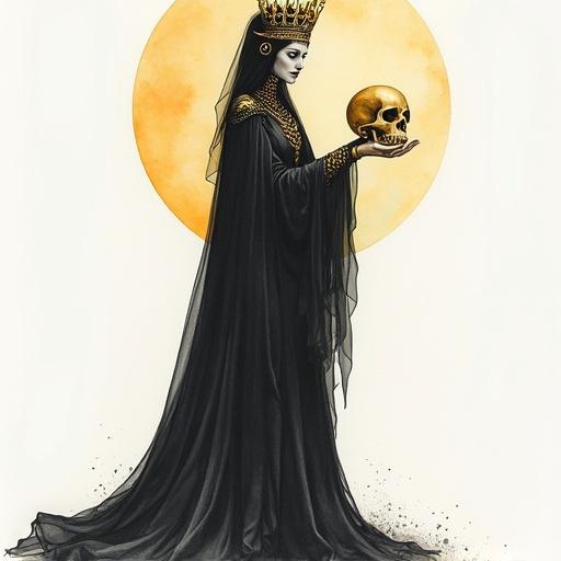 Regal female figure embodies Death. Full body shot. Holding a golden skull. Simple watercolor painting style.