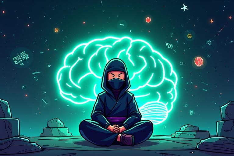 Design a cartoon-style YouTube thumbnail featuring a ninja sitting cross-legged inside a glowing digital brain. Include logic puzzles, code snippets, and lightbulbs floating around. The ninja should be focused in a meditative pose, with abstract representations of problem-solving. Use neon greens, blues, and purples for a tech-intellectual theme. Include text at the top that says 'Train Your Coding Brain!' in glowing neon cartoon typography.