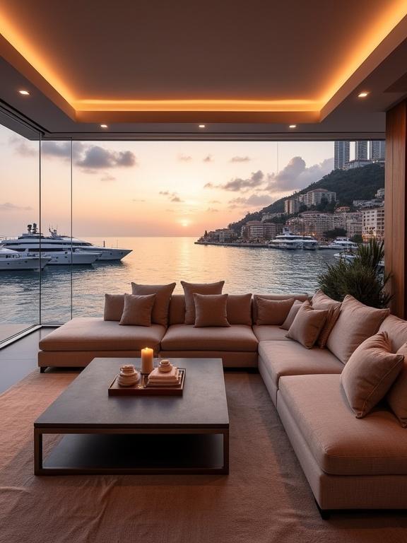 Luxurious modern indoor lounge with panoramic oceanfront view during sunset in a likely high-end apartment in a Mediterranean city.