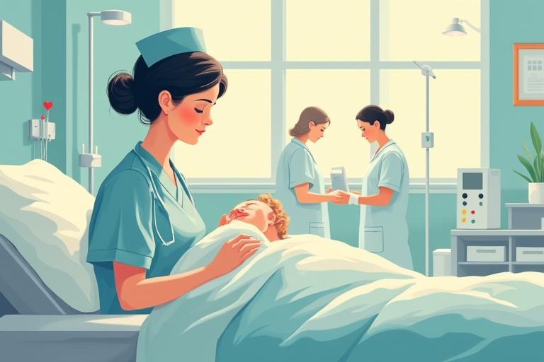 Design in the style of Stu L. Savage with soft lines and light colors. Image shows nurse caring for a baby in a hospital. Evokes tranquility and love, reflecting dedication in nursing.
