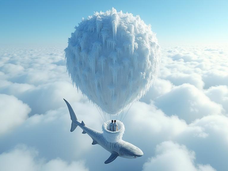Detailed photorealistic image of a hot air balloon with ice covering over fluffy clouds in a bright blue sky. Balloon coated with frost forming intricate patterns. Inside, two figures encased in ice crystals are partially visible with frost on their faces. Below, a great white shark swims through clouds like it’s in the ocean. Image captures peace and mystery with soft, diffused lighting.