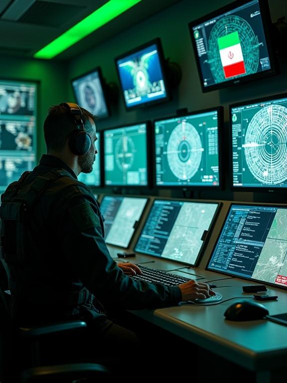 Middle-aged man in dark tactical clothing stands in control room. He wears headphones and focuses on radar console. Computer screens display complex data. Radar screen shows concentric circles with green dot. Room lit with green light. Gray and metallic colors dominate. Iranian flag is present next to radar monitor.
