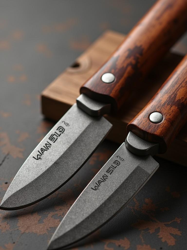 Close-up of two artistic kitchen knives. The knives feature wooden handles and a rustic finish. Background has a textured dark surface.