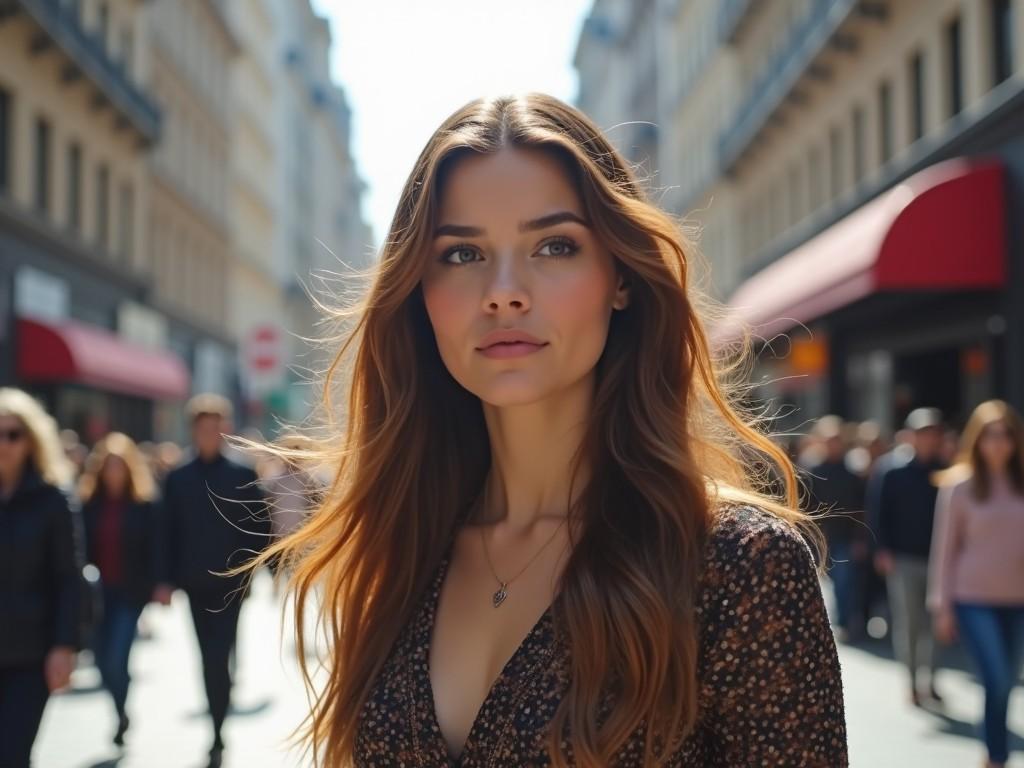 A woman walking confidently through a bustling city street, with blurred pedestrians in the background. She has long brown hair and is wearing a stylish top. The sunlight creates a soft glow around her.