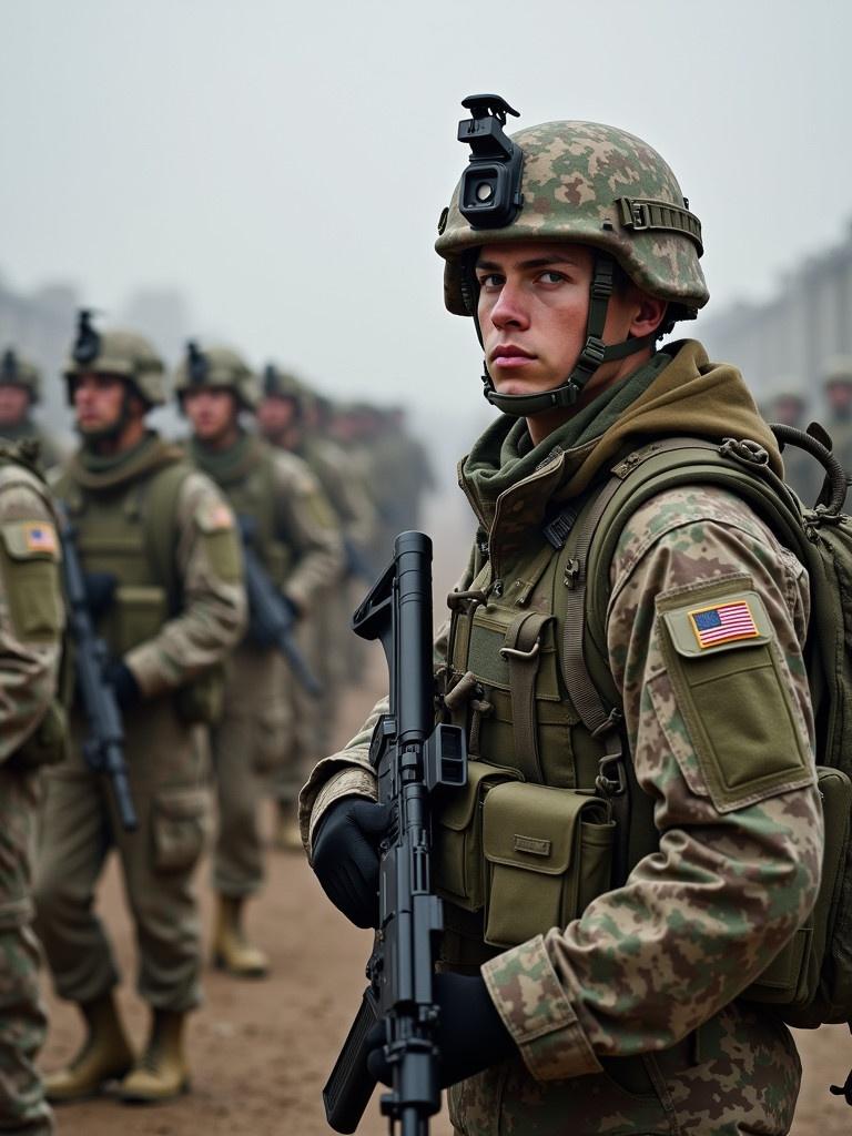 Image of American soldiers in military uniforms. They are standing in formation. Soldiers are equipped with weapons. The scene takes place in an overcast environment with the focus on one soldier.