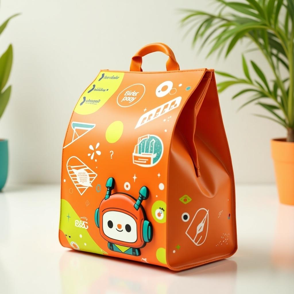 Image of a vibrant orange bag with bold graphics and a cartoonish robot design. The bag features neon green elements and is set in a clean, well-lit environment. Focus on the bag’s texture and colors.