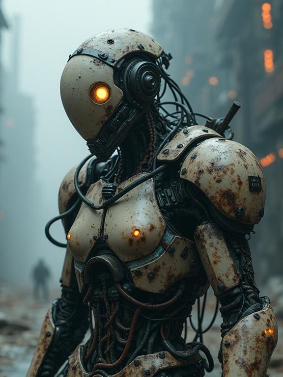 Full-height shot of a cybernetic warrior wearing a decaying exosuit. Grotesque fusion of corpse and machine. Wires and tubes protrude from torn synthetic flesh. Smoke leaks from rusted armor plates. One eye glows dimly, the other replaced by a cracked sensor. Background shows a dark industrial wasteland with cold metal structures and thick fog. Expressionless soulless design. Gritty science fiction style with biomechanical horror elements.