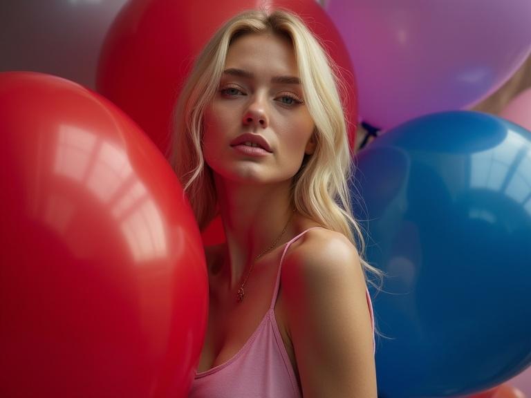 Blonde woman standing and pressing into giant rubber balloons. Balloons are red, dark blue, and purple, creating a colorful background.
