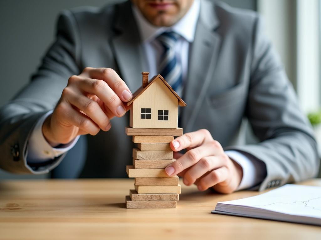 A businessman is carefully placing a wooden block on top of a stack of wooden blocks. At the very top of this stack, there is a miniature model of a house with intricate details like windows and a chimney. The setting is in a neutral-toned office space, lending a professional look to the scene. The businessman is wearing a gray suit and a striped tie, showing that this is a serious endeavor. The act symbolizes the construction of a property investment or real estate strategy, merging the concepts of stability and creativity in business.