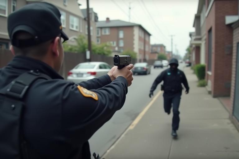 Police officer points gun at suspect. Suspect running away. Urban street scene. Serious tension between law enforcement and criminal. Captured from body cam perspective.