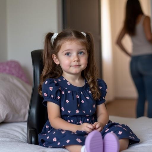 Photo of a twelve-year-old disabled girl with dark hair styled in two braids. She is wearing a navy blue dress with pink patterns and purple sandals. The girl is seated in a child car seat with a 5-point harness inside a children's bedroom. Mother is standing by the wardrobe looking for a new dress.