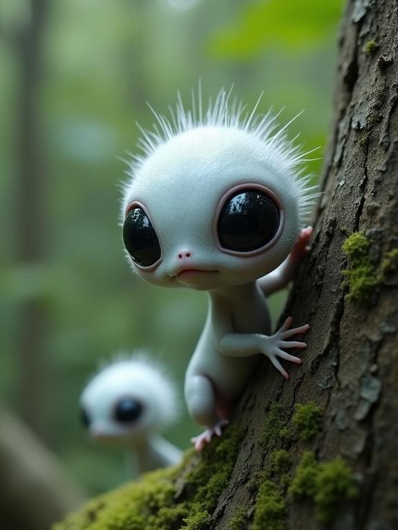 Image of a cute and fantastical creature resembling a small alien or forest spirit on a tree. The creature has a light gray body with a bluish hue, large black eyes, and a fluffy white head. The tree is dark brown, covered in green moss. Background features blurred similar creatures and lush forest scenery.