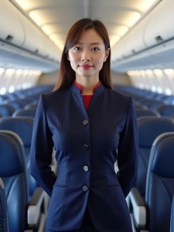A flight attendant stands confidently in the aisle of an airplane. She has brown hair and wears a formal navy blue uniform. The aircraft interior shows rows of seats. The setting is clean and organized.