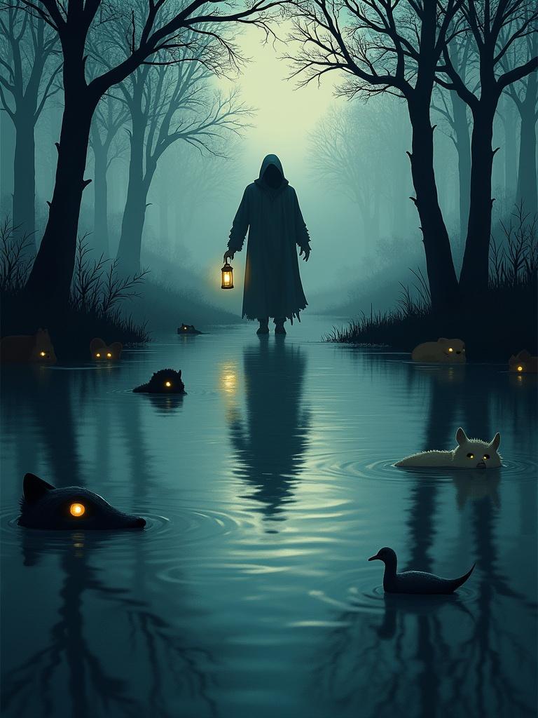 A mysterious marsh scene with calm water. Various animals' eyes peek out from the water. A hooded figure stands at the shore holding a lantern, casting shadows on the trees.