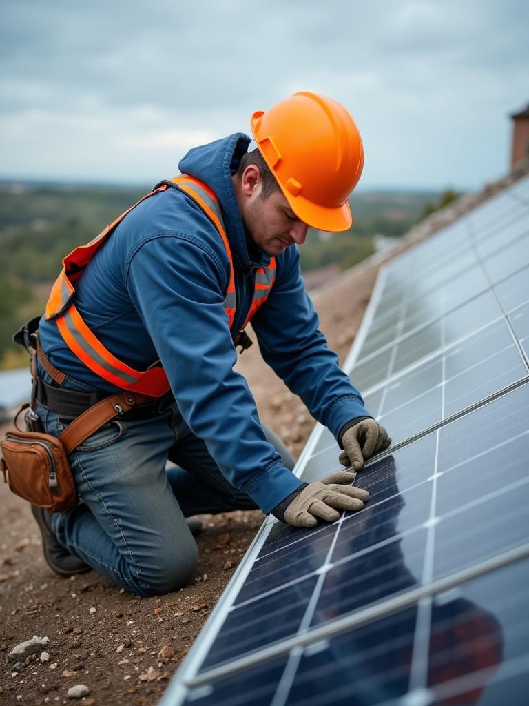 A solar panel installer working on a roof. The panels look damaged and poorly installed. The worker is wearing an orange helmet and safety gear. There is a rugged landscape in the background. The focus is on the installer's actions with the solar panels.