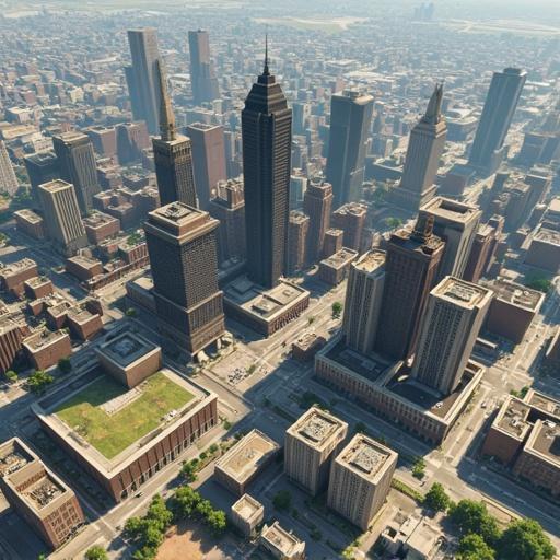 Aerial view showcasing a fictional city inspired by Columbus Ohio. Features dense clusters of skyscrapers and green spaces. The skyline presents a mix of modern architecture typical of urban environments.