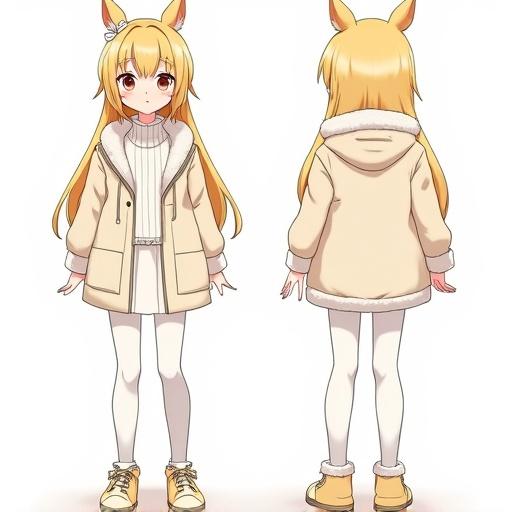 Character sheet displaying friendly young female character in anime style. Character has long blonde hair with sable ears. Outfit is white and gold, featuring fluffy winter coat with fur lining, short white skirt, white leggings, and gold sneakers. Character theme is sable. Front, side, and back views included.