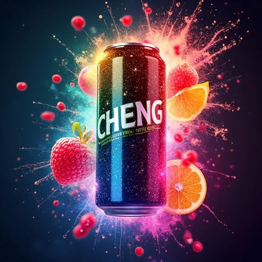 Create an image of an energy drink can named CHENG. Surround it with fruits in an explosive layout. Use bright colors and high-energy lighting for effect.