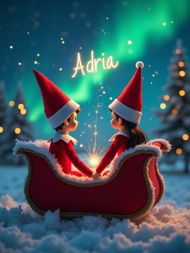 Two elf characters on Santa's sleigh are writing the name Adria in the night sky. The northern lights dance above them creating a magical atmosphere. The scene radiates holiday spirit and joy.