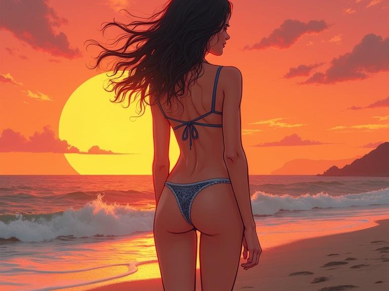 Cartoonish woman in bikini at sunset on the beach. The scene depicts a sunset background with waves.