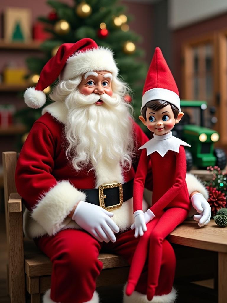 Image features a Santa Claus and an elf sitting in a toy workshop. The scene includes a decorated Christmas tree and various toys. Both figures are wearing traditional red outfits. This image represents holiday cheer and festive spirit.