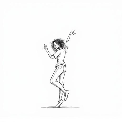 A minimalist black-and-white line drawing of a girl dancing. The girl is in a dynamic pose with arms raised. The drawing uses clean continuous black lines on a white background. No details are included. The focus is solely on the silhouette's motion. It captures the raw energy of disco dancing in a simple form.