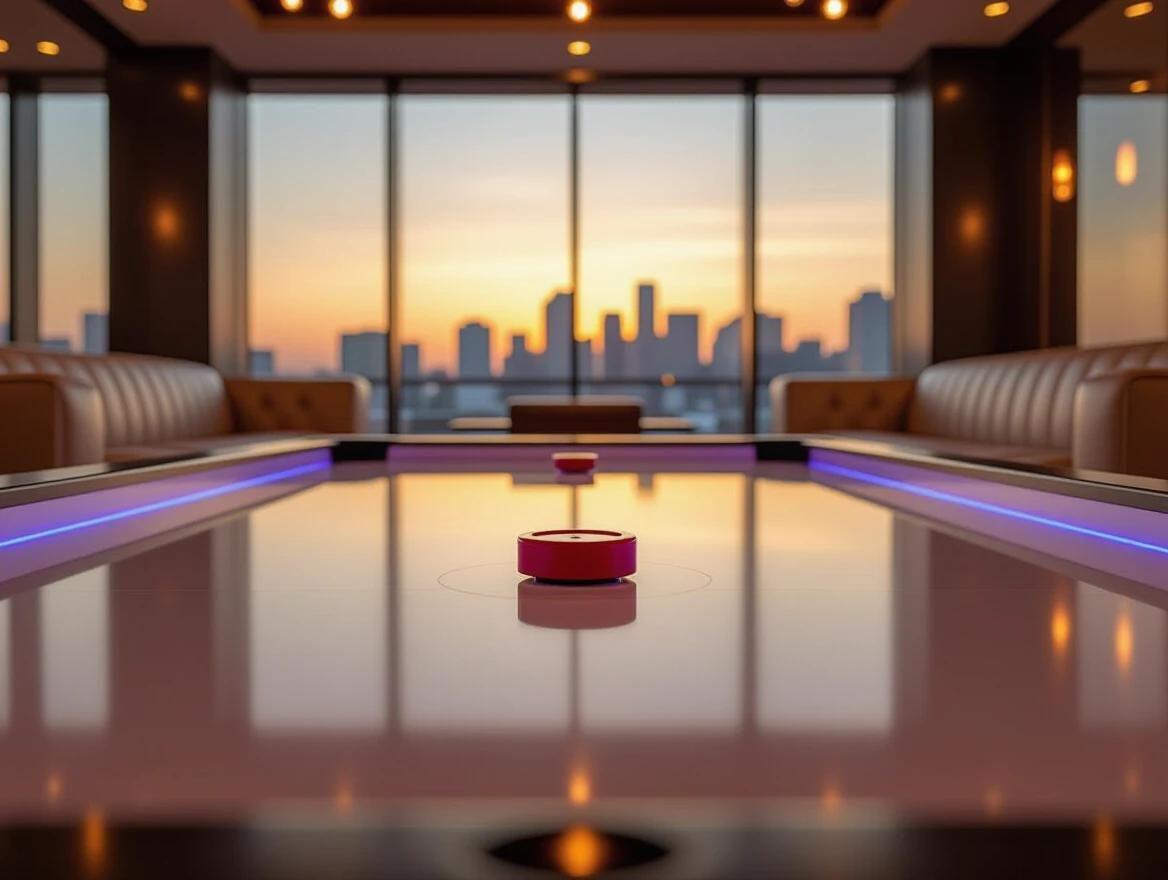 Close-up side angle of a modern air hockey table with a red striker and puck on glossy white surface. Edges illuminated by soft ambient light. Background features luxurious indoor game room with tall windows and city skyline at sunset. Atmosphere is upscale and cozy.