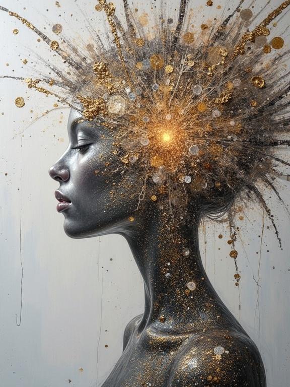 Artistic representation of a woman's profile with a textured, sparkling appearance. Thick impasto technique creates a visually rich surface. Incorporates varied materials like jute, sand, and origami. Mixed media elements add depth to the artwork. Close-up focus highlights detailed textures and colors.
