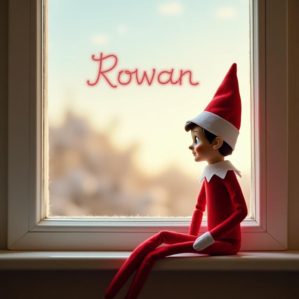 The image features an Elf on the Shelf doll sitting on a windowsill. The elf, dressed in a red outfit with a white collar, gazes thoughtfully out into the distance. Soft natural light from the outside filters through the window, illuminating the elf's friendly face. The setting hints at a cozy home atmosphere, perfect for the holiday season. This scene symbolizes the warmth and magic associated with Christmas traditions. Additionally, the name 'Rowan' is creatively displayed in the sky, adding a personal touch to the festive scene.