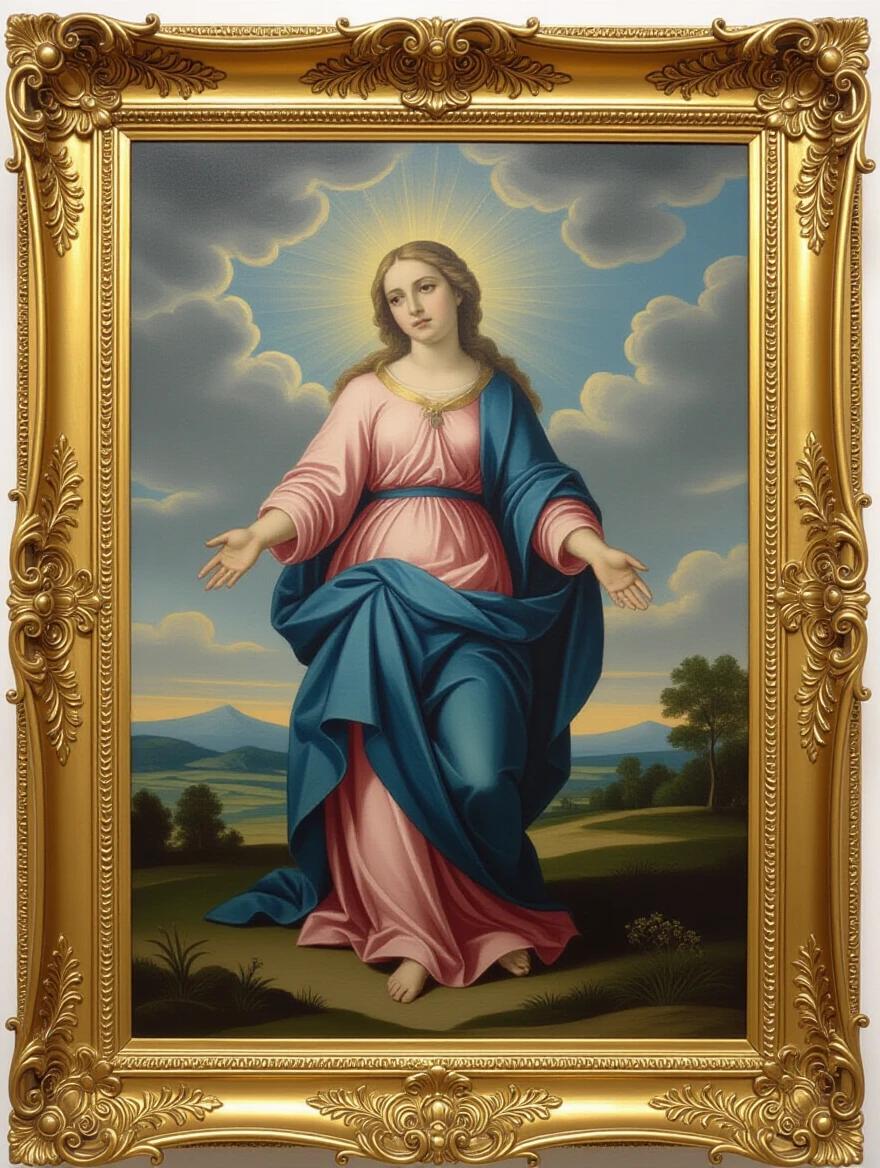 Oil painting on canvas portraying the Virgin Mary in a serene landscape. She has an open-armed gesture, wearing flowing robes.