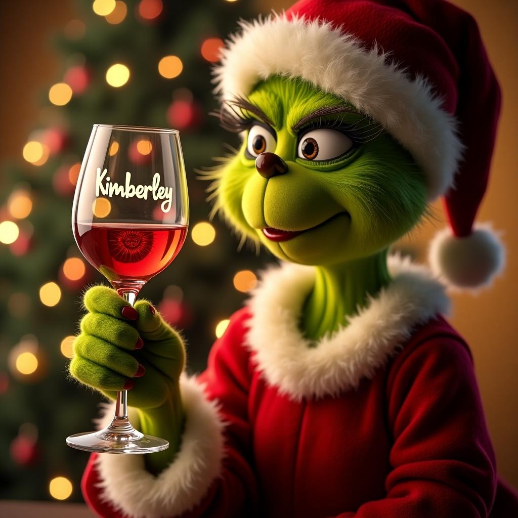 Christmas scene features female Grinch. Grinch holds wine glass. Elegantly displays name Kimberley. Twinkling lights create magic.