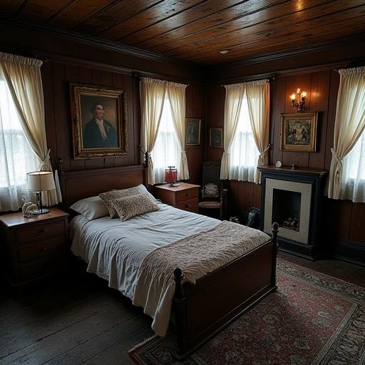An abandoned bedroom inside a ship owned by a pirate-hunter. The room has wooden walls and vintage furnishings. Features a bed, nightstands, and old portraits. Light filtering through the curtains adds a warm ambiance.