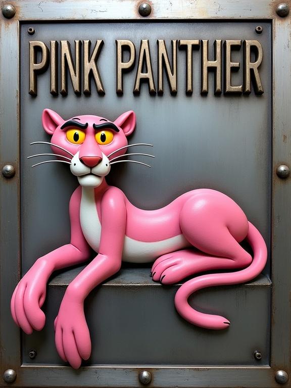 High-relief engraving depicts Pink Panther lounging on a polished steel plate. Character has a sly grin with fur details. Above, the words 'PINK PANTHER' in bold lettering. Background features brushed steel with gradients, framed by steel border with rivets.