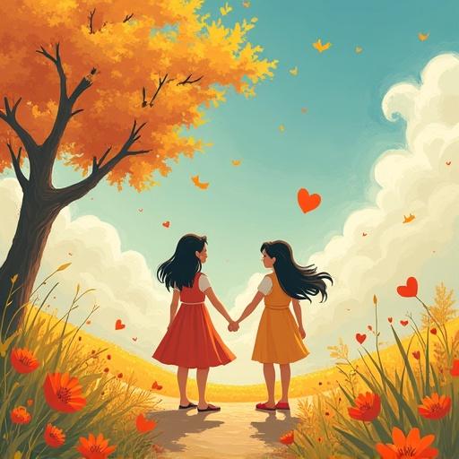 Crea una imagen de estilo Studio GHIBLI con dos niñas de la mano en un paisaje lleno de flores y corazones. Es un día soleado y se celebra el Día de Todas las Madres. Tiene un árbol de otoño y un cielo azul claro.