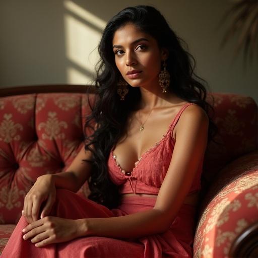 A beautiful Indian woman sitting on a sofa looking elegant and composed. She wears traditional attire and jewelry that enhances her beauty. The environment is warm and inviting with natural light casting soft shadows.