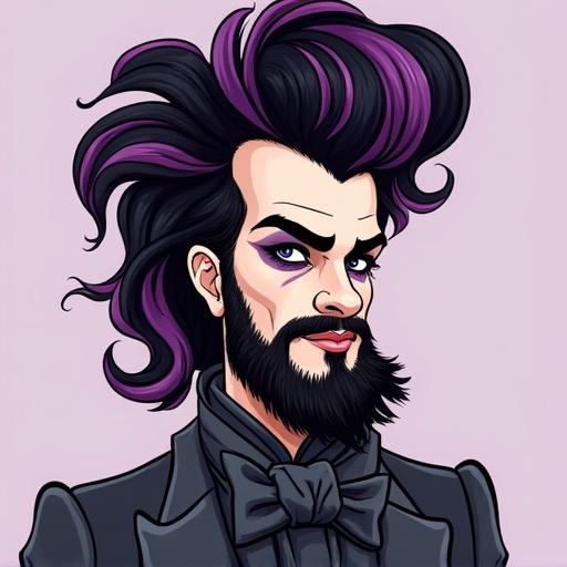 Highly stylized caricature drawing of a person with fair skin and long, striped black and purple beard. Hair styled in voluminous curls. Face features heavy makeup including dark eyeshadow. Garment with large decorative bow at neckline. Digital cartoon portrait with bold colors.