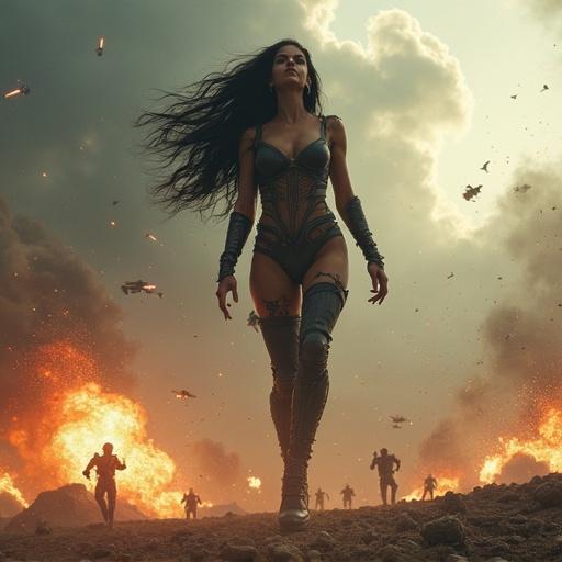 Dramatic cinematic scene featuring a giant woman on a ruined battlefield. Woman has long black hair and a torn elegant outfit. Expression shows fierceness and pain. Human warriors with jetpacks fly around her attacking. Explosions and motion blur create chaos. Cloudy stormy sky with debris. Realistic, detailed style with strong lighting contrasts.
