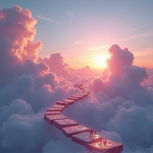 Create an image of a DJ in a beautiful and calm setting, with steps in the clouds leading everywhere. The scene should evoke a serene and dreamy atmosphere at sunset.