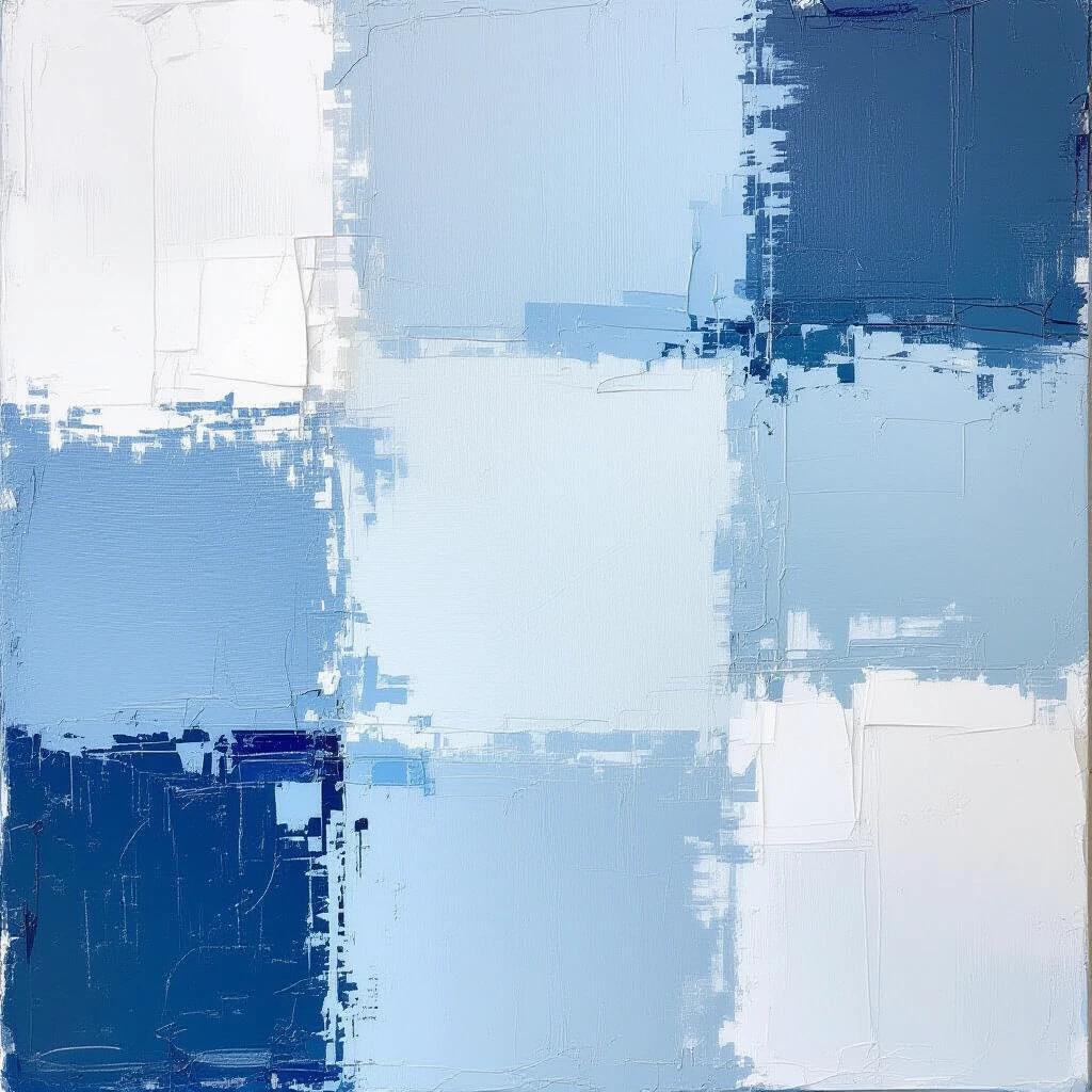 Textured abstract painting on a thick canvas. Predominantly white with shades of blue and gray. Soft brushstrokes and layered textures create depth. Gentle blue blends with white, hints of gray contrast. Serene minimalistic aesthetic with airy feel. Texture resembles coarse fabric.