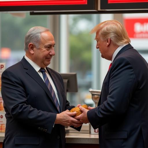 Benjamin Netanyahu at McDonald's pickup counter. He hands a hamburger to Donald Trump. Both figures present in a casual setting.