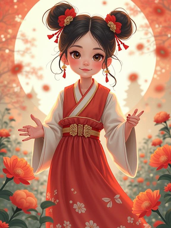 Digital illustration of a girl wearing traditional Chinese attire in a floral setting with soft lighting.
