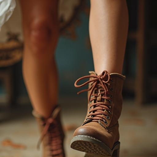 Closeup of two girls interacting. One girl is kicking another girl's boot. The focus is on their footwear.